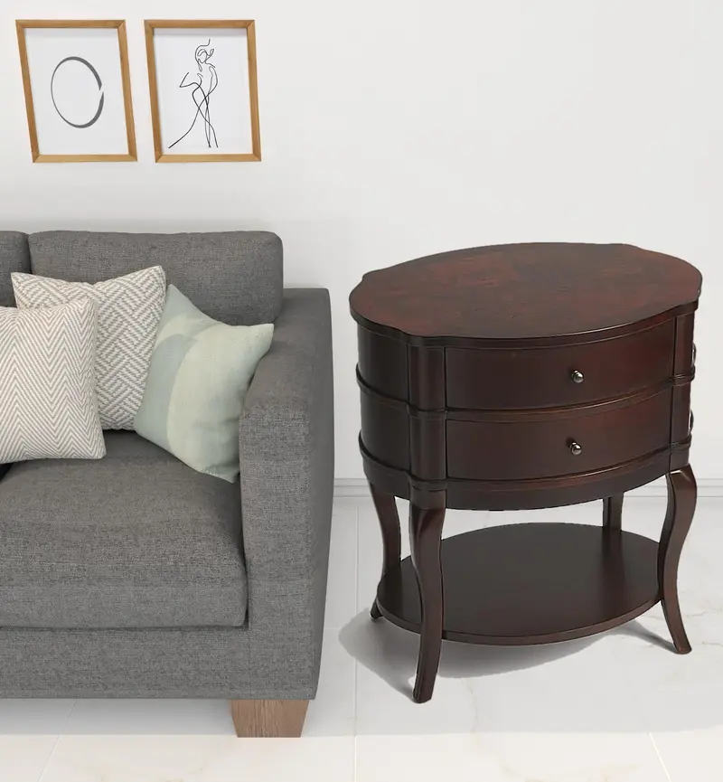 26" Dark Brown And Cherry Solid And Manufactured Wood Oval End Table With Two Drawers And Shelf By Homeroots