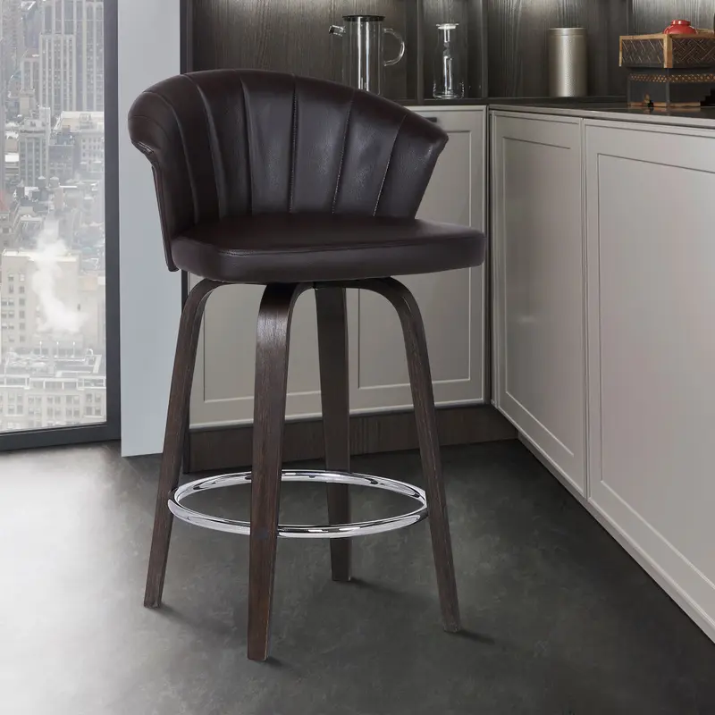 26" Dark Brown Faux Leather and Rustic Wood Back Swivel Bar Stool By Homeroots