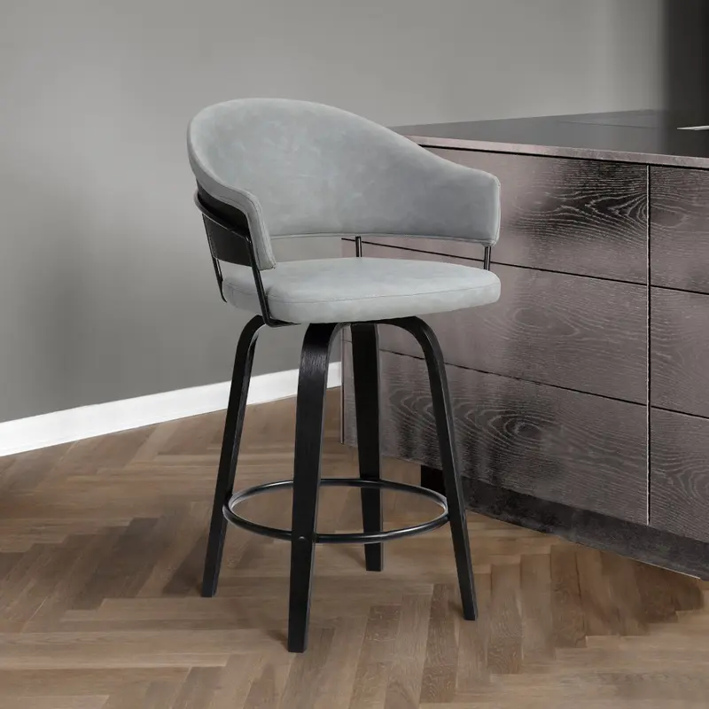 26" Dark Grey Faux Leather Black Wood Swivel Bar Stool By Homeroots