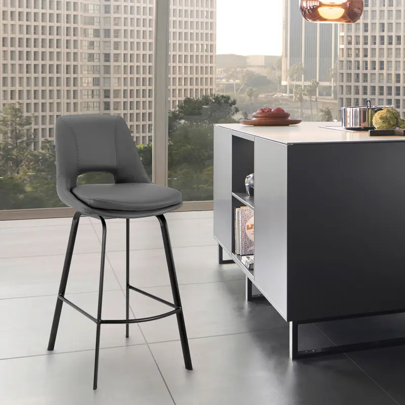 26" Elegant Grey Faux Leather and Black Metal Armless Swivel Counter Stool By Homeroots