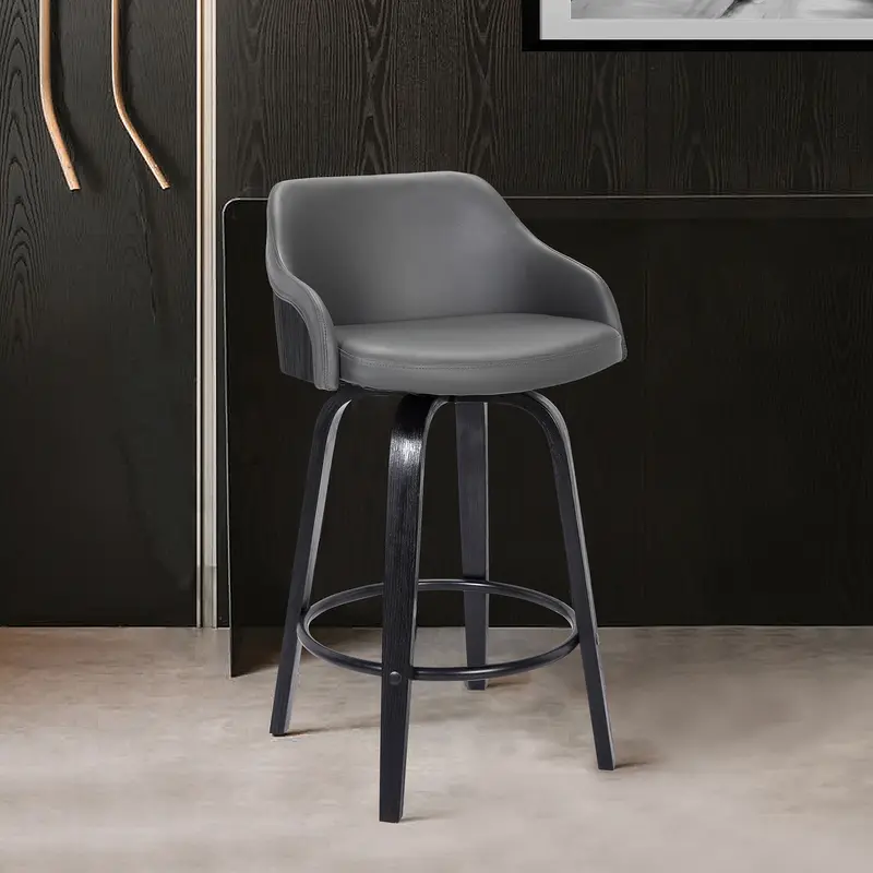 26" Gray Swivel Faux Leather Black Wooden Bar Stool By Homeroots