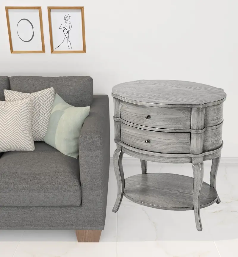 26" Gray Wood Oval End Table With Two Drawers And Shelf By Homeroots