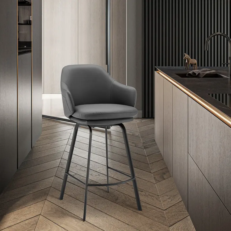 26" Grey Faux Leather and Black Metal Swivel Counter Stool By Homeroots