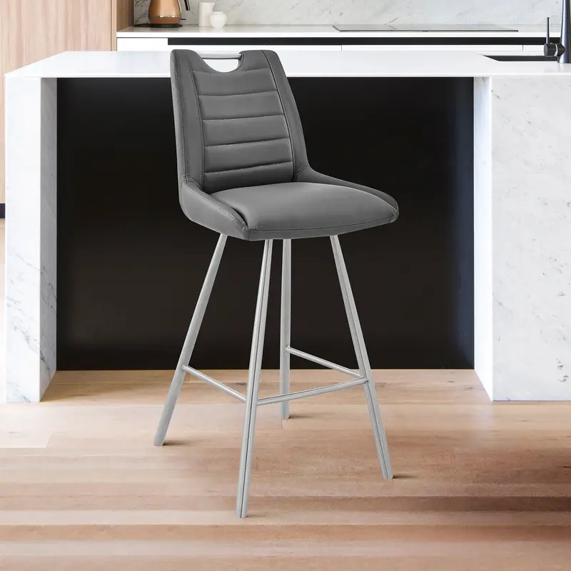 26" Grey Faux Leather and Brushed Stainless Steel Counter Stool By Homeroots