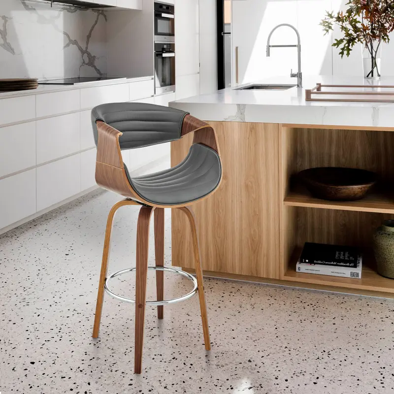 26" Grey Faux Leather and Walnut Wood Retro Chic Counter Stool By Homeroots
