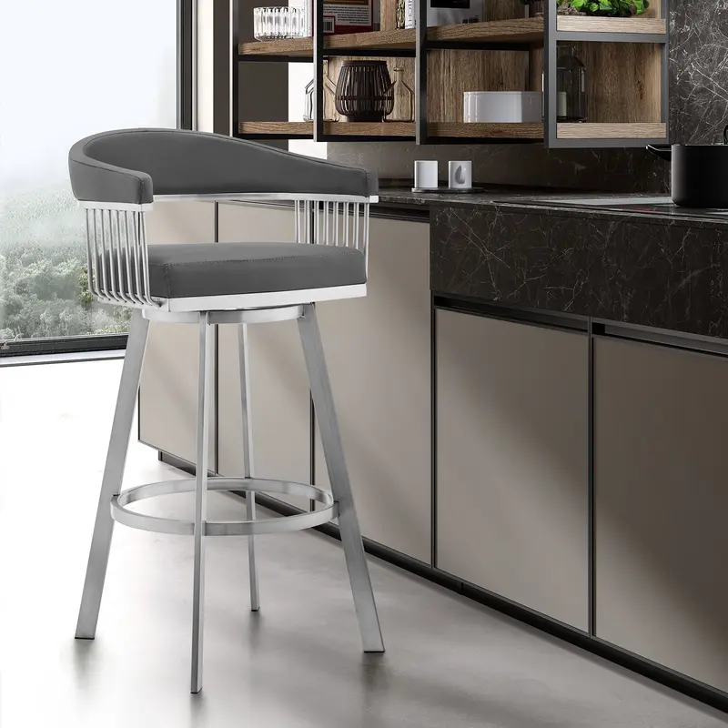 26" Mod Grey Faux Leather Brushed Silver Finish Swivel Bar Stool By Homeroots
