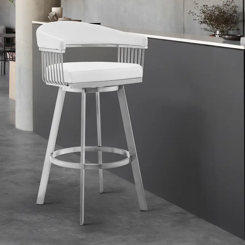 26" Mod White Faux Leather Brushed Silver Finish Swivel Bar Stool By Homeroots