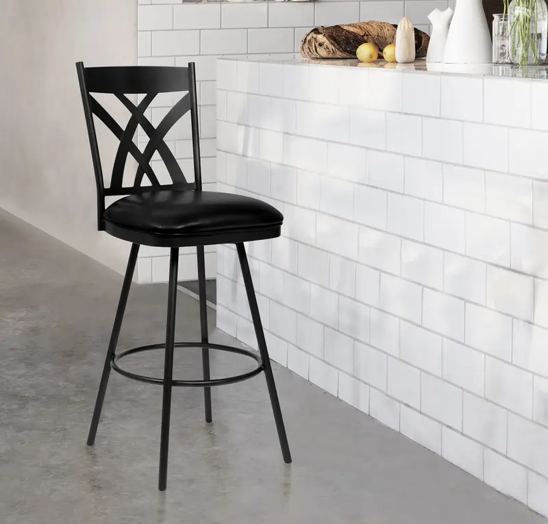 26" Stylish Black Faux Leather Black Metal Lattice Back Swivel Bar Stool By Homeroots