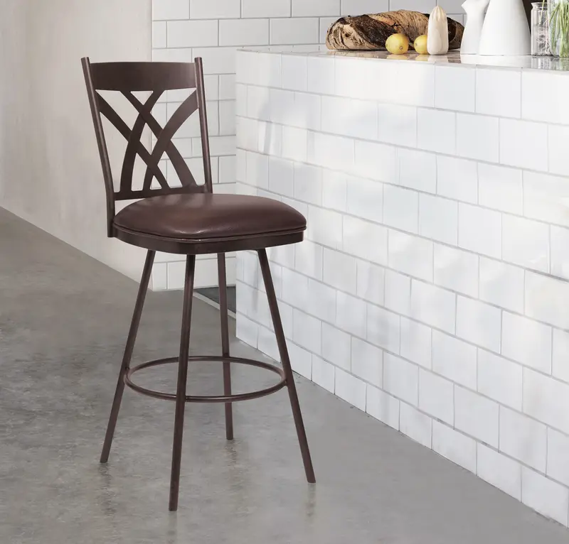 26" Stylish Brown Faux Leather Brown Metal Lattice Back Swivel Bar Stool By Homeroots