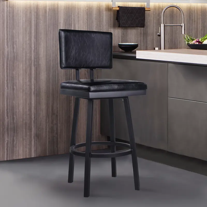 26" Vintage Black on Black Faux Leather Rectangular Swivel Armless Bar Stool By Homeroots