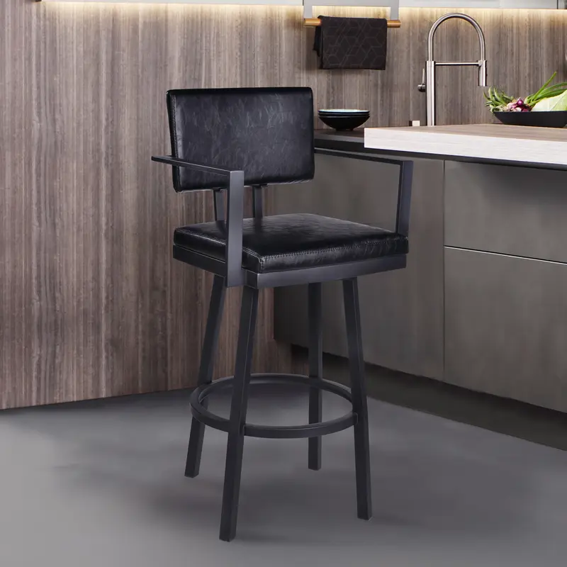 26" Vintage Black on Black Faux Leather Rectangular Swivel Barstool By Homeroots