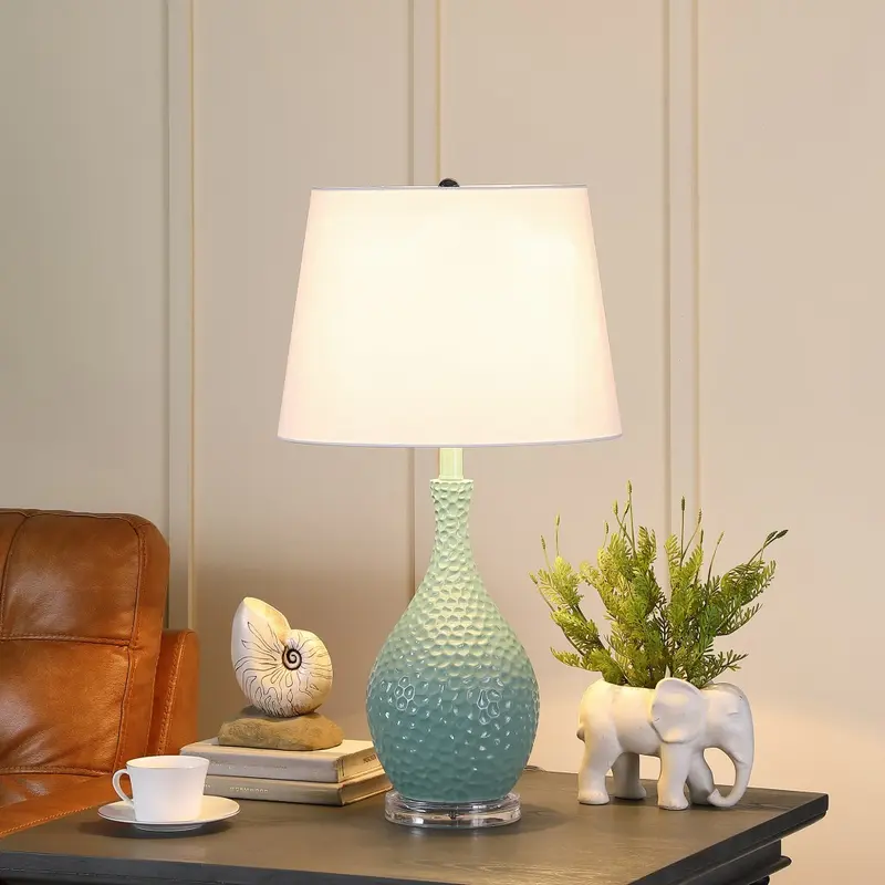 28" Aqua Hammered Urn Table Lamp With White Tapered Drum Shade By Homeroots