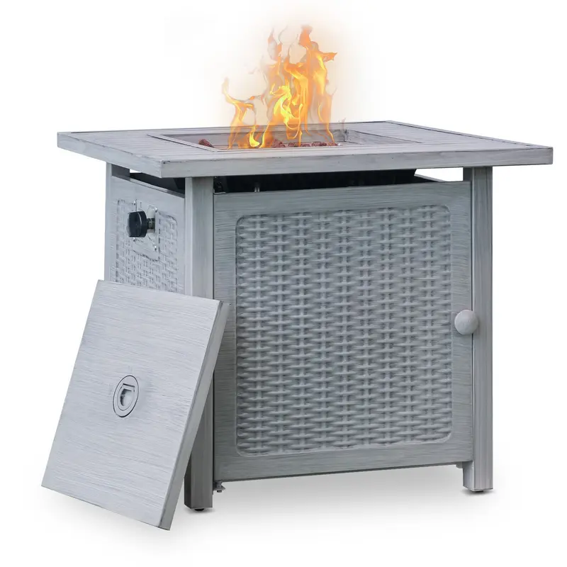 28" Ashy Gray Rattan Design Square Propane Fire Pit with Lava Rocks and Cover By Homeroots