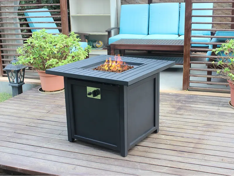 28" Black Square Propane Fire Pit with Lava Rocks and Cover By Homeroots