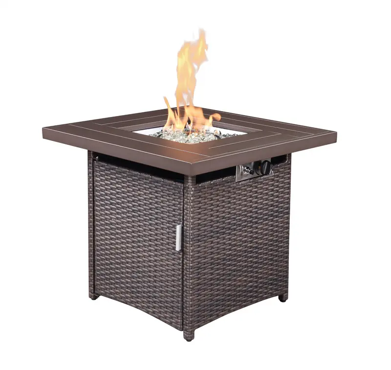 28" Brown Faux Rattan Design Square Propane Fire Pit with Glass Bead Rocks By Homeroots