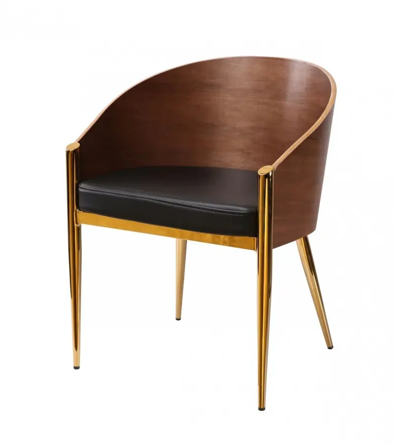 28" Modern Walnut Black and Gold Stylish Faux Leather Accent Chair By Homeroots