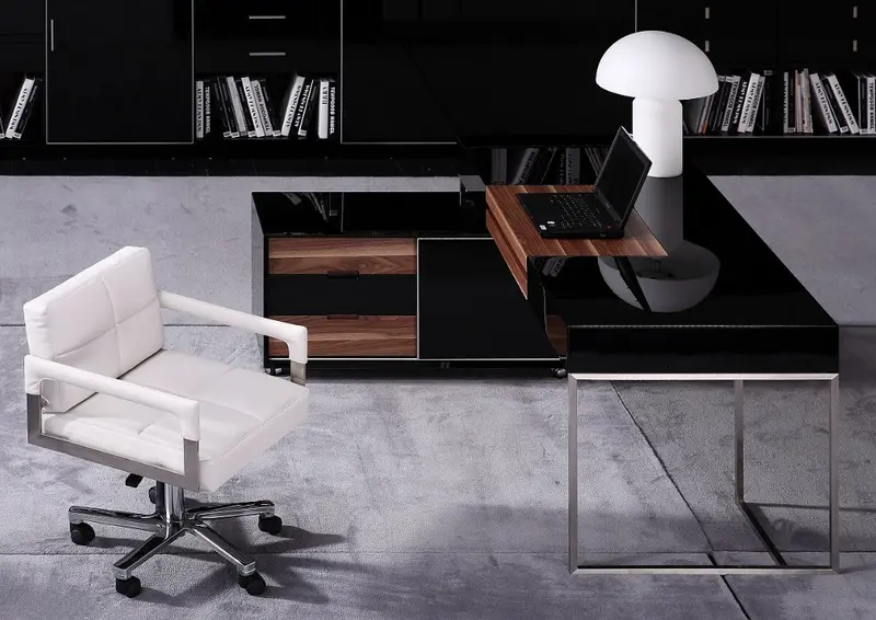29.5 Black Gloss and Walnut Veneer and Stainless Steel Office Desk By Homeroots