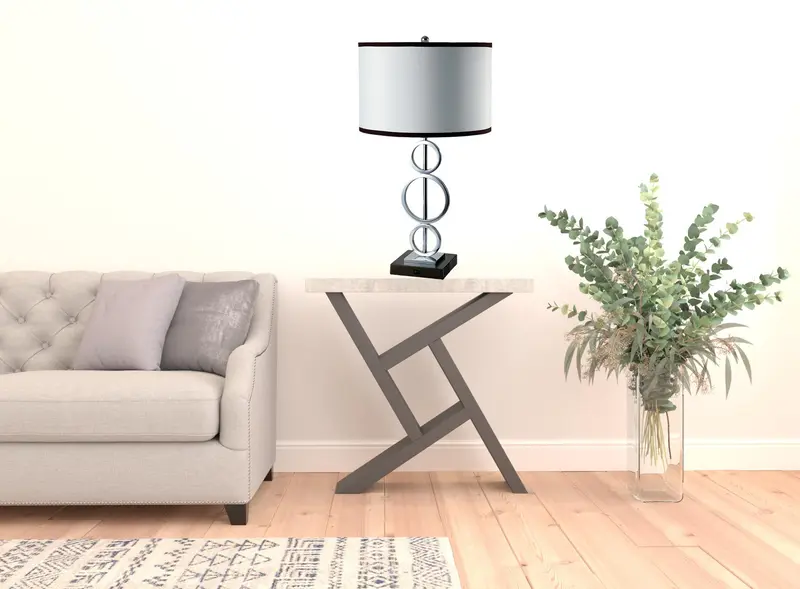 29" Silver Metal Bedside Geo Table Lamp With White and Black Trim Classic Drum Shade By Homeroots