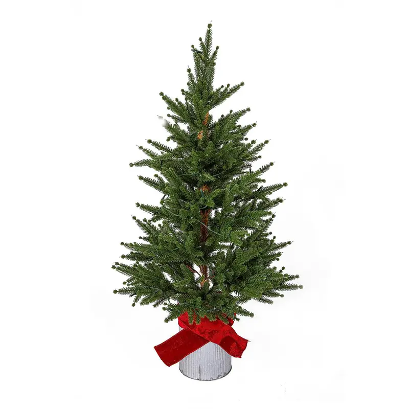 3' Lighted Tree in Galvanized Bucket and Bow