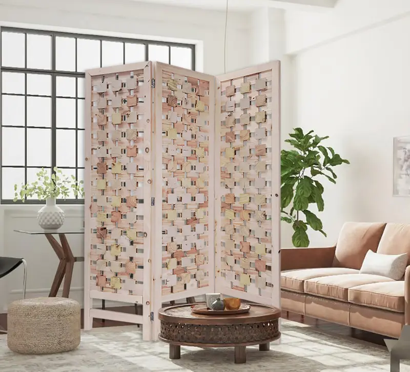 3 Panel Pink Room Divider with Cut Square Wood Design By Homeroots