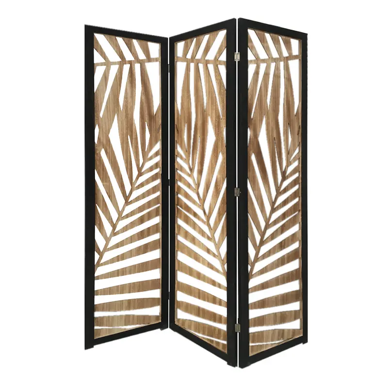 3 Panel Room Divider With Tropical Leaf Design By Homeroots