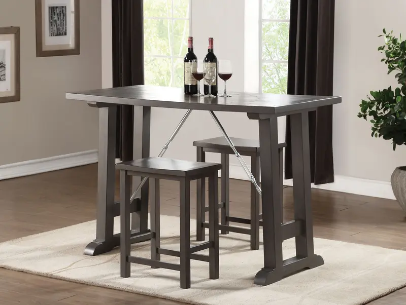 3 Piece Wooden Counter Height Set In Gray Oak Chrome By Homeroots