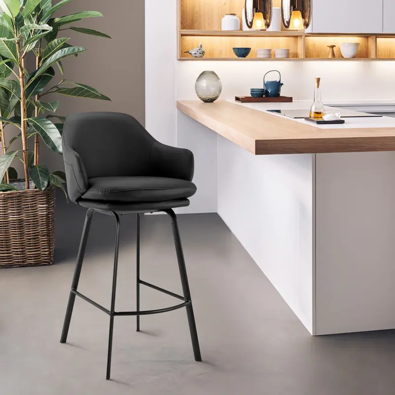 30" Black Faux Leather and Black Metal Swivel Bar Stool By Homeroots