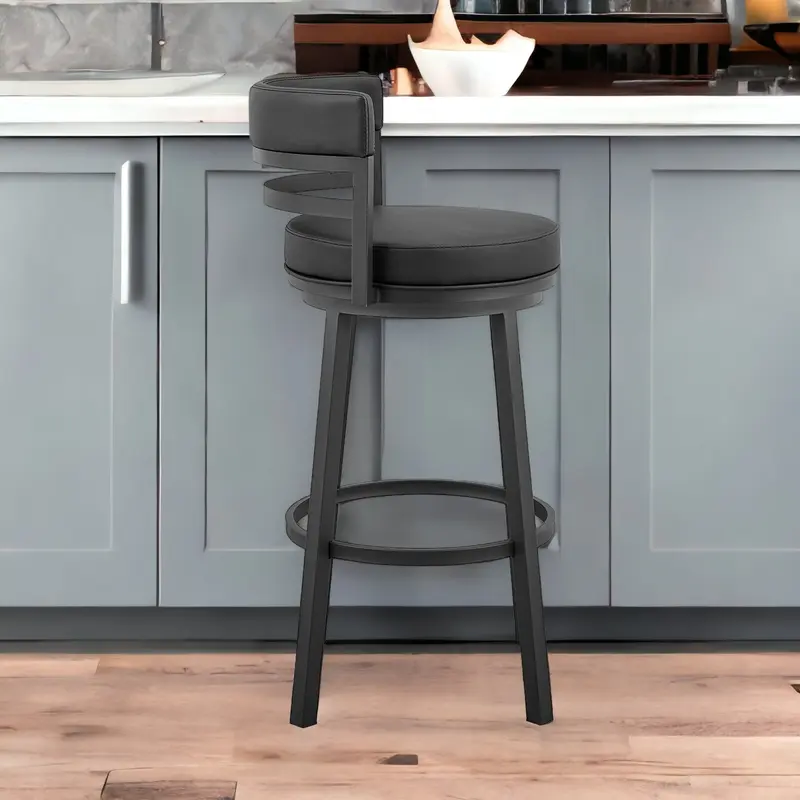 30" Black Faux Leather And Iron Swivel Low Back Bar Height Bar Chair With Footrest By Homeroots