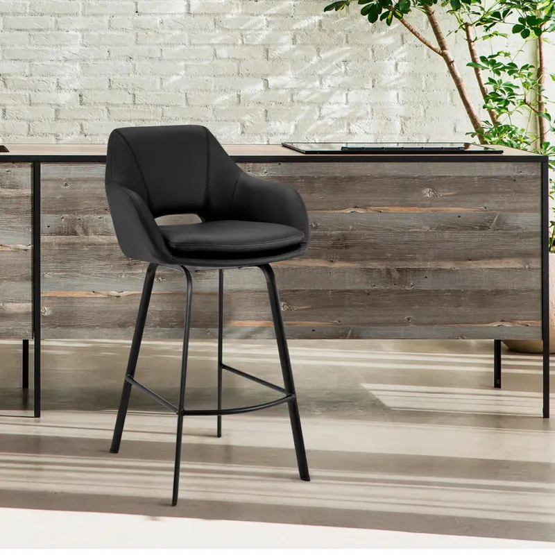 30" Black on Black Faux Leather Comfy Swivel Bar Stool By Homeroots