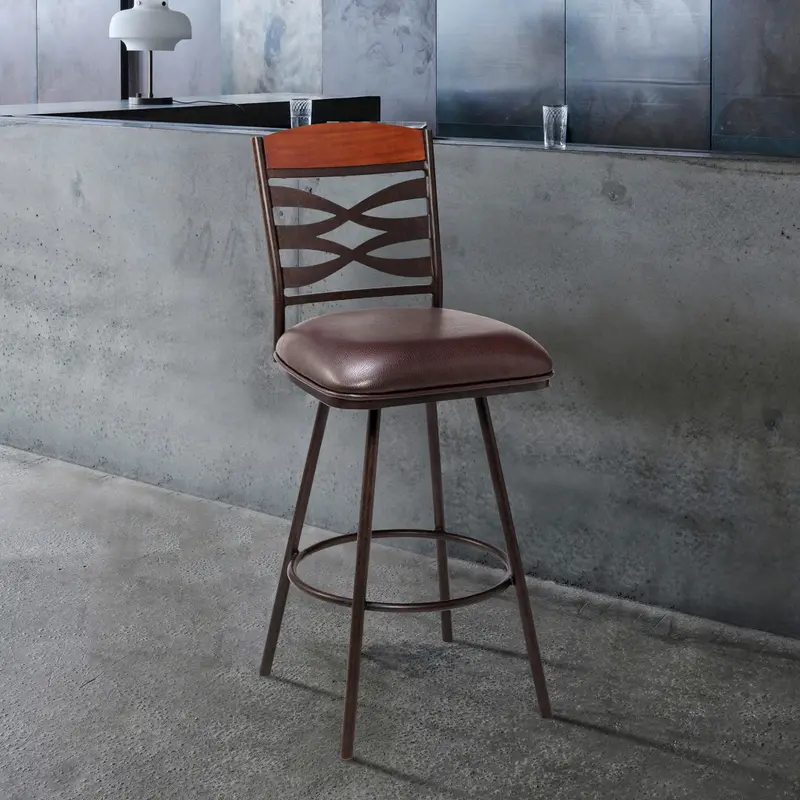 30" Brown Faux Leather Speckled Metal and Maple Wood Bar Stool By Homeroots