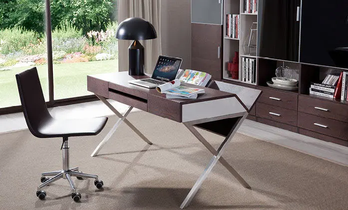 30 Brown Oak and Grey Veneer and Stainless Steel Office Desk By Homeroots