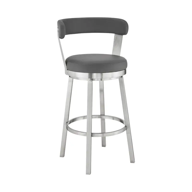 30" Chic Grey Faux Leather with Stainless Steel Finish Swivel Bar Stool By Homeroots