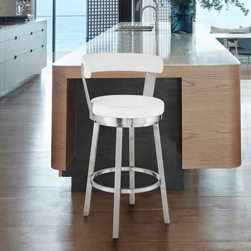 30" Chic White Faux Leather with Stainless Steel Finish Swivel Bar Stool By Homeroots
