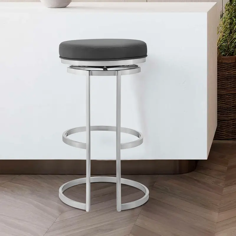 30" Gray Faux Leather And Iron Swivel Backless Bar Height Chair By Homeroots