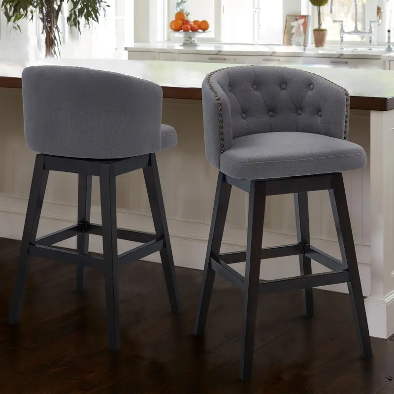 30" Grey Tufted Fabric and Dark Espresso Wood Swivel Bar Stool By Homeroots