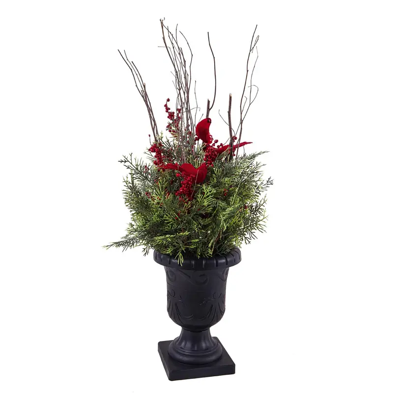 30"H Statement Planter with Cardinals and Artificials Porch Décor