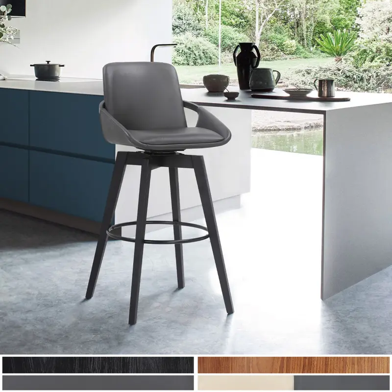 30" Luxurious Grey Faux Leather and Black Wood Swivel Bar Stool By Homeroots