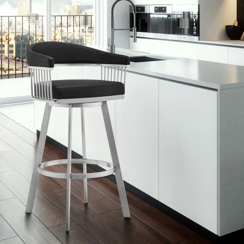 30" Mod Black Faux Leather Brushed Silver Finish Swivel Bar Stool By Homeroots