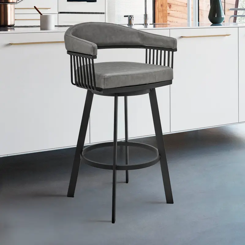 30" Mod Gray Faux Leather Black Finish Swivel Bar Stool By Homeroots