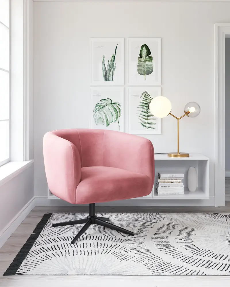 30" Pink And Black Velvet Swivel Barrel Chair By Homeroots