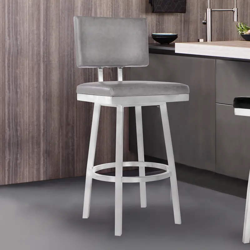 30" Vintage Gray on Stainless Faux Leather Rectangular Swivel Armless Barstool By Homeroots