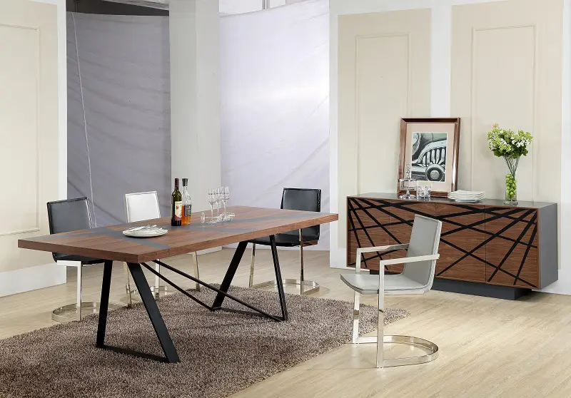 30' Walnut Veneer And Grey Stainless Steel Dining Table By Homeroots