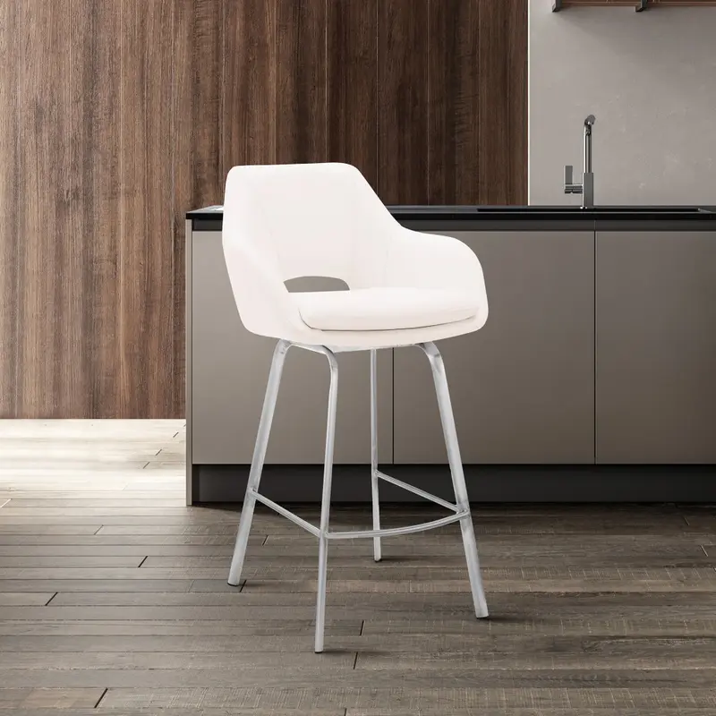 30" White Faux Leather and Stainless Steel Bar Stool By Homeroots