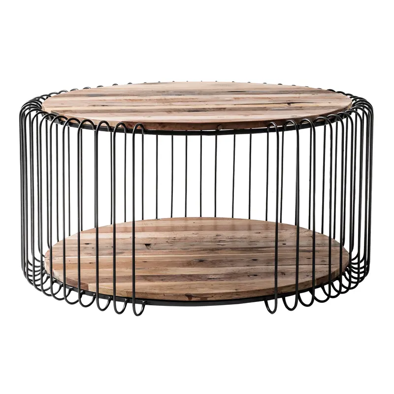 32" Black and Natural Reclaimed Wood and Iron Round Coffee Table By Homeroots