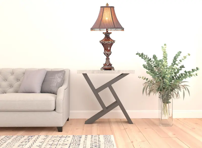 32" Bronze Urn Table Lamp With Brown Bell Shade and Hanging Beads By Homeroots