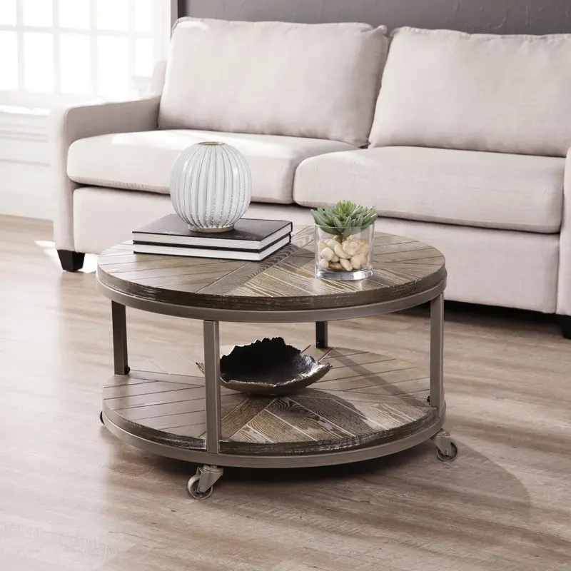 32" Brown Rustic and Distressed Round Two Tier Rolling Coffee Table By Homeroots