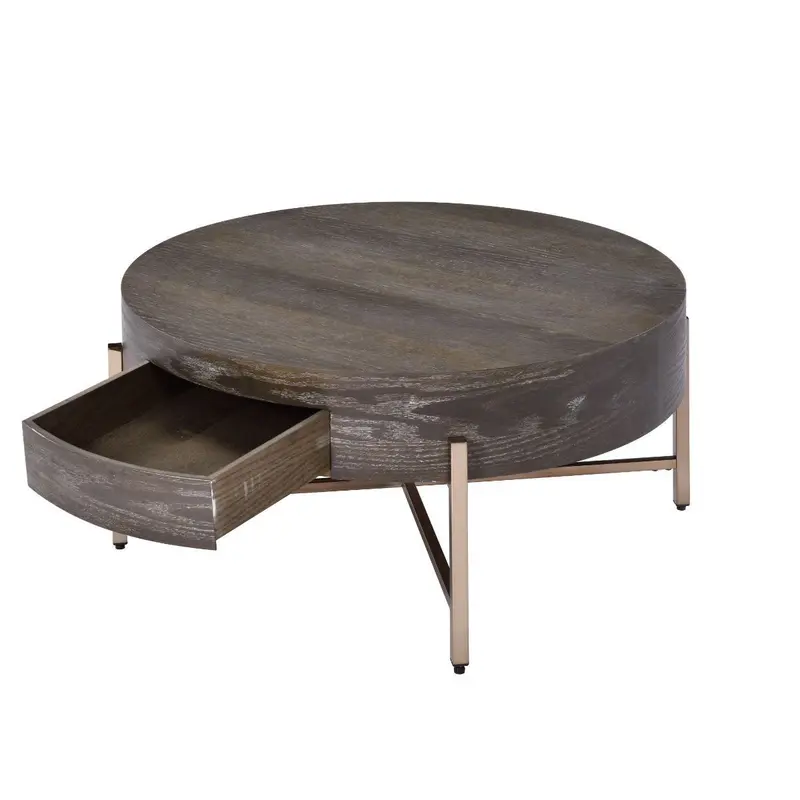 32" Champagne And Dark Oak Round Coffee Table With Drawer By Homeroots
