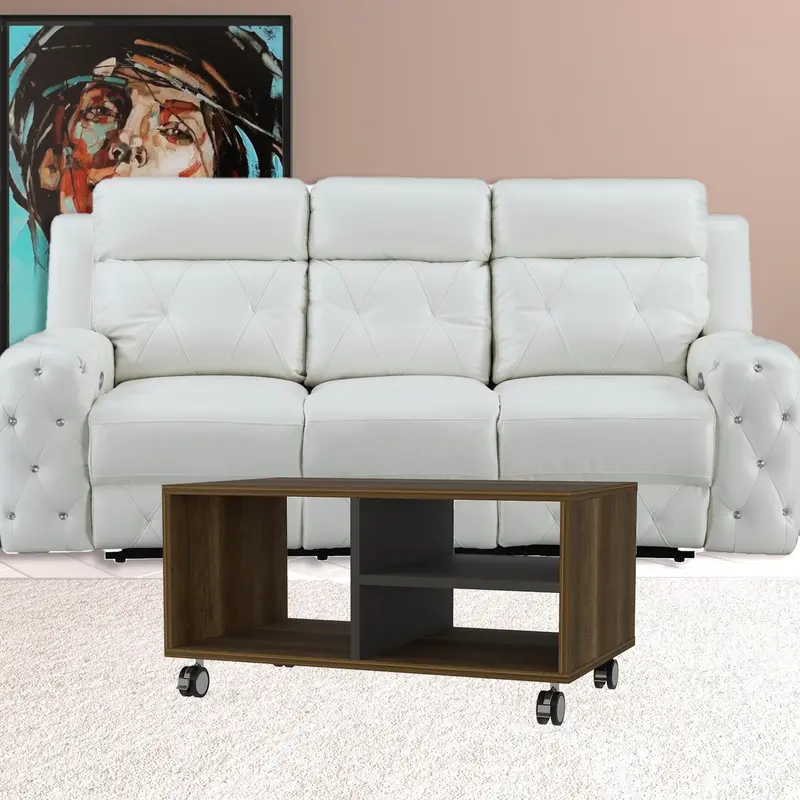 32" Walnut and Black Open Rectangular Coffee Table With Three Shelves By Homeroots