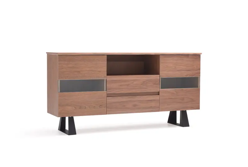 32' Walnut Veneer Metal And Glass Buffet By Homeroots