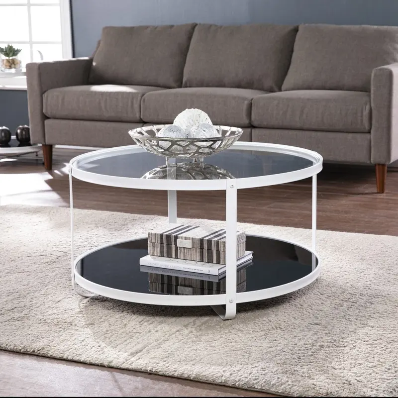 32" White Glass And Metal Two Tier Round Coffee Table By Homeroots